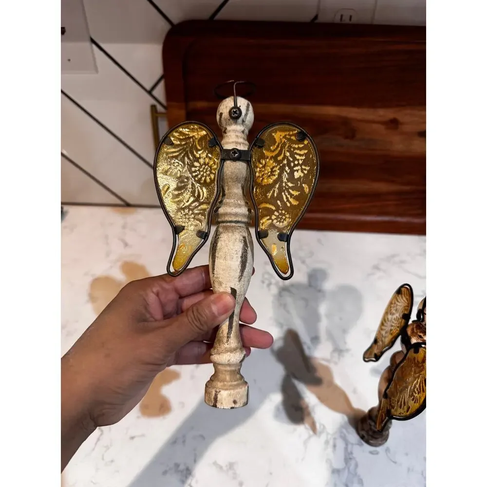 Vintage-Inspired Spool Spindle Flower Angel Ornament wood body glass wings x2